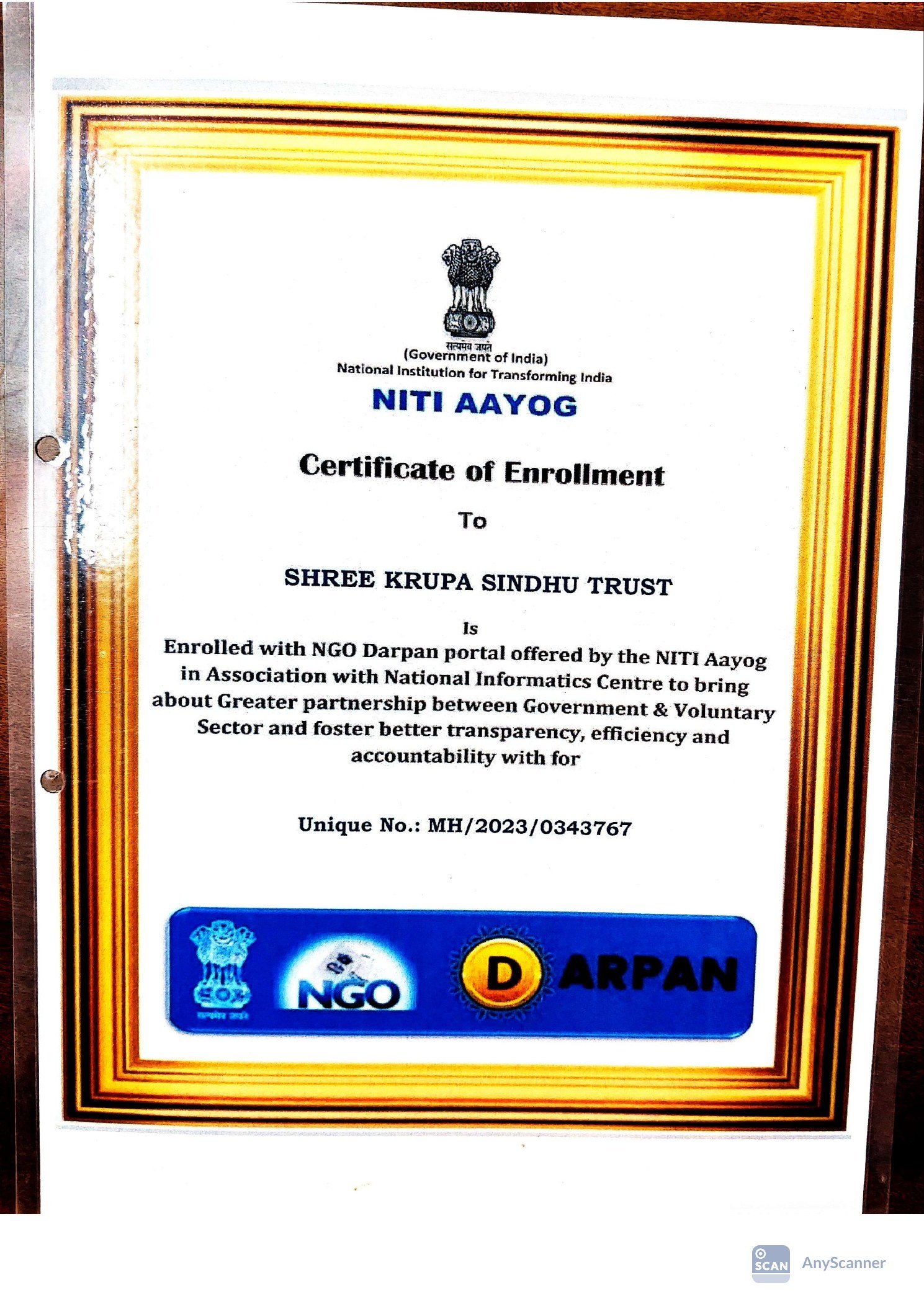NITI Aayog NGO Darpan certificate